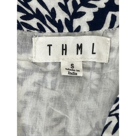 THML Babydoll Dress Small Blue White Floral V Neck Cap Sleeve Cottage Coastal - Picture 9 of 12